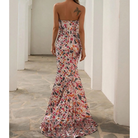 Luxe Colorful Sequin Strapless Formal Prom Wedding Dress - Picture 3 of 7